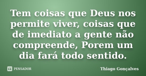 Tem coisas que Deus nos permite viver, coisas que de imediato a gente não compreende, Porem um dia fará todo sentido.... Frase de Thiago Gonçalves.