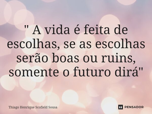 " A vida é feita de escolhas, se as escolhas serão boas ou ruins, somente o futuro dirá"... Frase de Thiago Henrique Scofield Sousa.