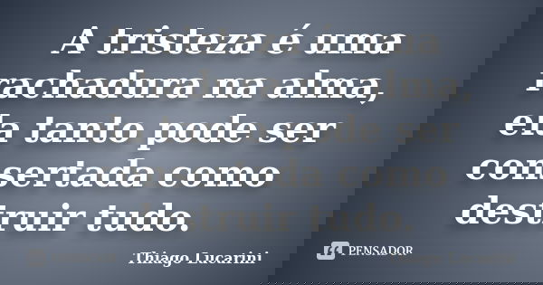 A tristeza é uma rachadura na alma, ela tanto pode ser consertada como destruir tudo.... Frase de Thiago Lucarini.