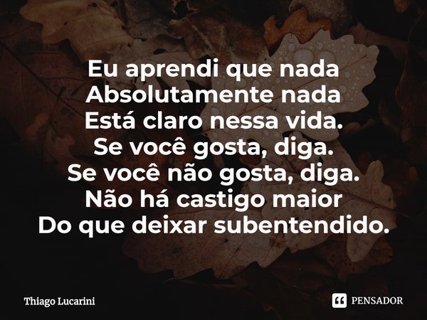 ⁠Eu aprendi que nada
Absolutamente nada
Está claro nessa vida.
Se você gosta, diga.
Se você não gosta, diga.
Não há castigo maior
Do que deixar subentendido.... Frase de Thiago Lucarini.