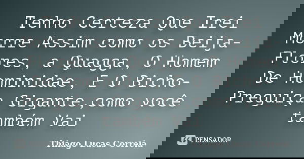 Tenho Certeza Que Irei Morre Assim como os Beija-Flores, a Quagga, O Homem De Hominidae, E O Bicho- Preguiça Gigante,como você também Vai... Frase de Thiago Lucas Correia.