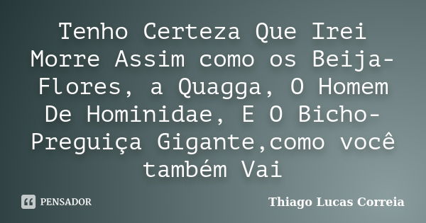 Tenho Certeza Que Irei Morre Assim como os Beija-Flores, a Quagga, O Homem De Hominidae, E O Bicho- Preguiça Gigante,como você também Vai... Frase de Thiago Lucas Correia.