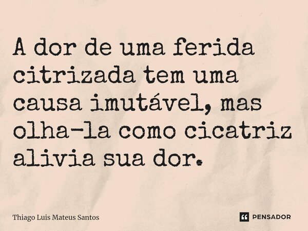 ⁠A dor de uma ferida citrizada tem uma causa imutável, mas olha-la como cicatriz alivia sua dor.... Frase de Thiago Luis Mateus Santos.