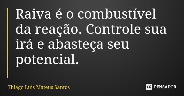 Raiva é o combustível da reação. Controle sua irá e abasteça seu potencial.... Frase de Thiago Luis Mateus Santos.