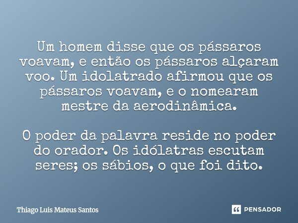 ⁠Um homem disse que os pássaros voavam, e então os pássaros alçaram voo. Um idolatrado afirmou que os pássaros voavam, e o nomearam mestre da aerodinâmica. O po... Frase de Thiago Luis Mateus Santos.