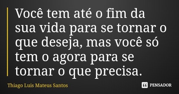 Você tem até o fim da sua vida para se tornar o que deseja, mas você só tem o agora para se tornar o que precisa.... Frase de Thiago Luis Mateus Santos.