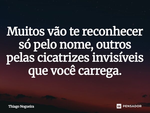 ⁠Muitos vão te reconhecer só pelo nome, outros pelas cicatrizes invisíveis que você carrega.... Frase de Thiago Nogueira.