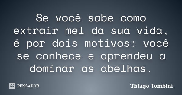 Se você sabe como extrair mel da sua vida, é por dois motivos: você se conhece e aprendeu a dominar as abelhas.... Frase de Thiago Tombini.