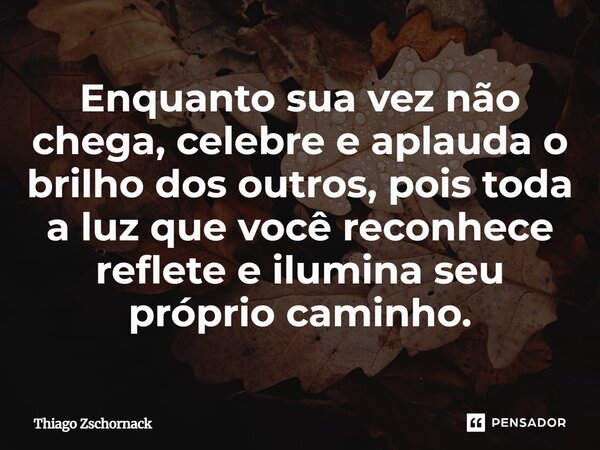 ⁠Enquanto sua vez não chega, celebre e aplauda o brilho dos outros, pois toda a luz que você reconhece reflete e ilumina seu próprio caminho.... Frase de Thiago Zschornack.