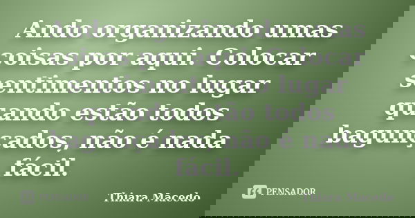 Ando organizando umas coisas por aqui. Colocar sentimentos no lugar quando estão todos bagunçados, não é nada fácil.... Frase de Thiara Macedo.