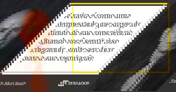 A raiva é como uma tempestade que surge do fundo da sua consciência. Quando você sentir isso chegando, volte seu foco para a sua respiração.... Frase de Thich Nhat Hanh.