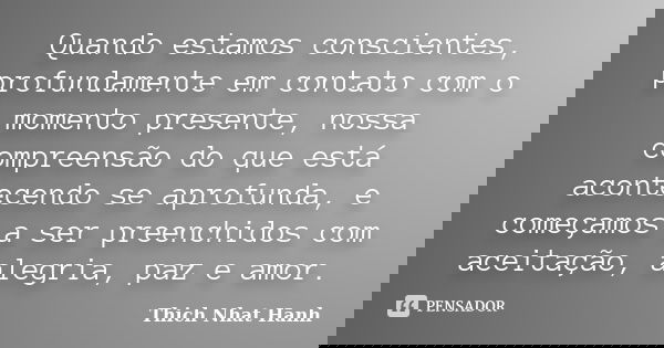 Quando estamos conscientes, profundamente em contato com o momento presente, nossa compreensão do que está acontecendo se aprofunda, e começamos a ser preenchid... Frase de Thich Nhat Hanh.