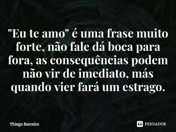 "⁠Eu te amo" é uma frase muito forte, não fale dá boca para fora, as consequências podem não vir de imediato, más quando vier fará um estrago.... Frase de Thiego Barreiro.
