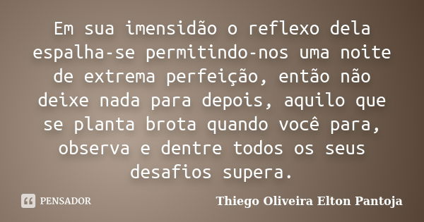 Em sua imensidão o reflexo dela espalha-se permitindo-nos uma noite de extrema perfeição, então não deixe nada para depois, aquilo que se planta brota quando vo... Frase de Thiego Oliveira  Elton Pantoja.