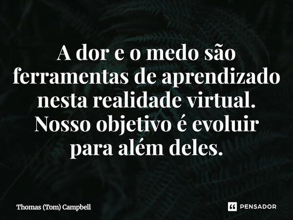 ⁠A dor e o medo são ferramentas de aprendizado nesta realidade virtual. Nosso objetivo é evoluir para além deles.... Frase de Thomas (Tom) Campbell.