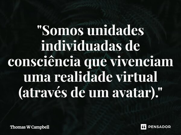⁠ "Somos unidades individuadas de consciência que vivenciam uma realidade virtual (através de um avatar)."... Frase de Thomas W Campbell.