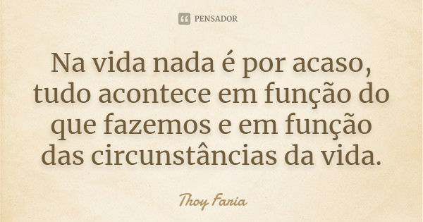 Na vida nada é por acaso, tudo acontece em função do que fazemos e em função das circunstâncias da vida.... Frase de Thoy Faria.