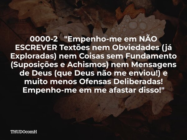 0000-2 "Empenho-me em NÃO ESCREVER Textões nem Obviedades (já Exploradas) nem Coisas sem Fundamento (Suposições e Achismos) nem Mensagens de Deus (que Deus... Frase de THUDOcomH.