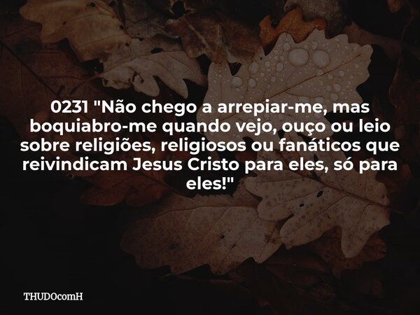 0231 "Não chego a arrepiar-me, mas boquiabro-me quando vejo, ouço ou leio sobre religiões, religiosos ou fanáticos que reivindicam Jesus Cristo para eles, ... Frase de THUDOcomH.