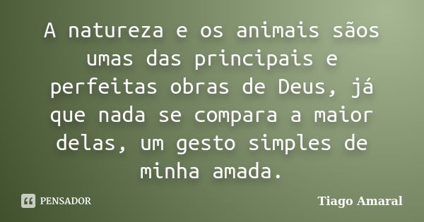 A natureza e os animais sãos umas das principais e perfeitas obras de Deus, já que nada se compara a maior delas, um gesto simples de minha amada.... Frase de Tiago Amaral.