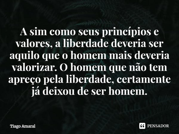 ⁠A sim como seus princípios e valores, a liberdade deveria ser aquilo que o homem mais deveria valorizar. O homem que não tem apreço pela liberdade, certamente ... Frase de Tiago Amaral.