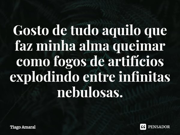 ⁠Gosto de tudo aquilo que faz minha alma queimar como fogos de artifícios explodindo entre infinitas nebulosas.... Frase de Tiago Amaral.