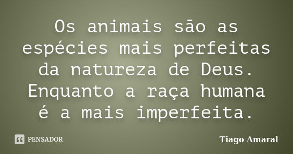 Os animais são as espécies mais perfeitas da natureza de Deus. Enquanto a raça humana é a mais imperfeita.... Frase de Tiago Amaral.