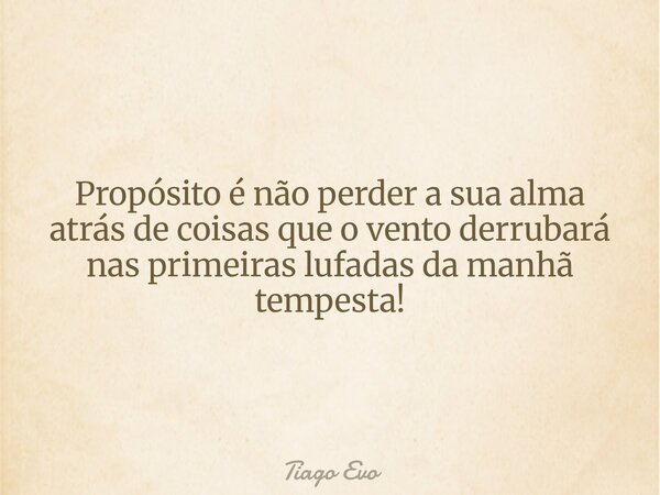 Propósito é não perder a sua alma atrás de coisas que o vento derrubará nas primeiras lufadas da manhã tempesta!... Frase de Tiago Evo.
