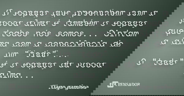 O espaço que preenchem com a vossa alma é também o espaço que todos nós somos... Sintam a alma com a consciência de um “todo”... O “todo” é o espaço da vossa al... Frase de Tiago gamboa.