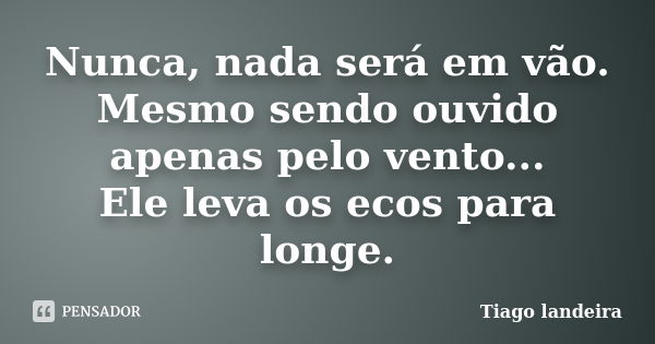 Nunca, nada será em vão. Mesmo sendo ouvido apenas pelo vento... Ele leva os ecos para longe.... Frase de Tiago Landeira.