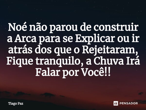 ⁠Noé não parou de construir a Arca para se Explicar ou ir atrás dos que o Rejeitaram, Fique tranquilo, a Chuva Irá Falar por Você!!... Frase de Tiago Paz.