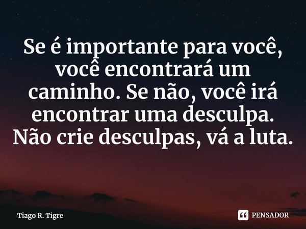 ⁠Se é importante para você, você encontrará um caminho. Se não, você irá encontrar uma desculpa. Não crie desculpas, vá a luta.... Frase de Tiago R. Tigre.