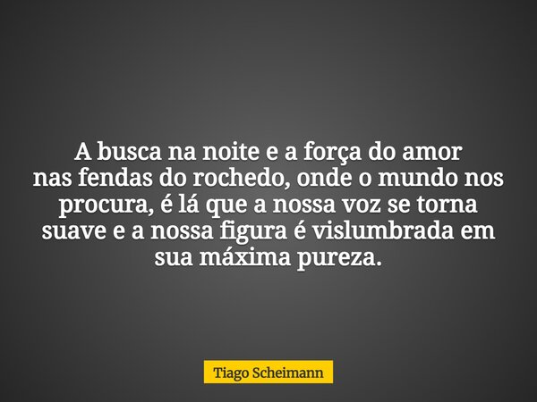 A busca na noite e a força do amor nas fendas do rochedo, onde o mundo nos procura, é lá que a nossa voz se torna suave e a nossa figura é vislumbrada em sua má... Frase de Tiago Scheimann.