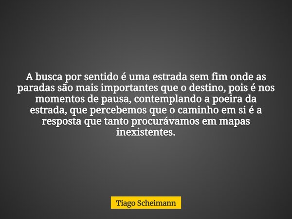 A busca por sentido é uma estrada sem fim onde as paradas são mais importantes que o destino, pois é nos momentos de pausa, contemplando a poeira da estrada, qu... Frase de Tiago Scheimann.