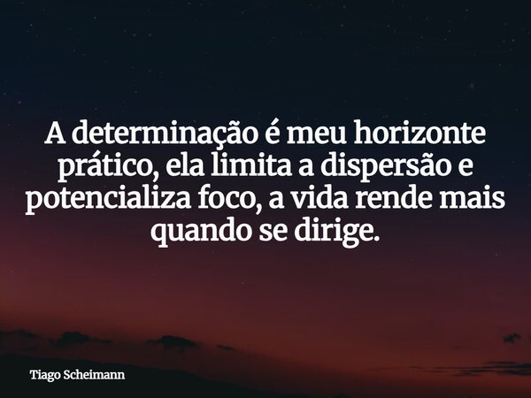 A determinação é meu horizonte prático, ela limita a dispersão e potencializa foco, a vida rende mais quando se dirige.... Frase de Tiago Scheimann.