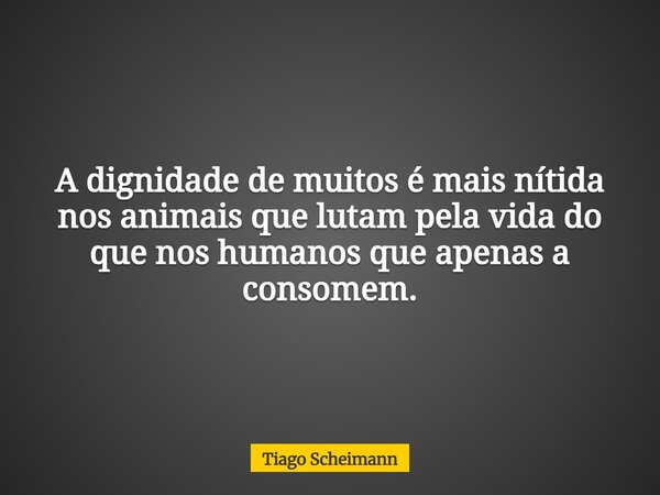A dignidade de muitos é mais nítida nos animais que lutam pela vida do que nos humanos que apenas a consomem.... Frase de Tiago Scheimann.