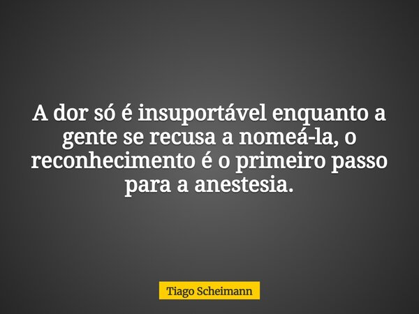 A dor só é insuportável enquanto a gente se recusa a nomeá-la, o reconhecimento é o primeiro passo para a anestesia.... Frase de Tiago Scheimann.