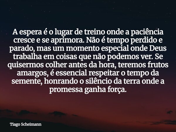 A espera é o lugar de treino onde a paciência cresce e se aprimora. Não é tempo perdido e parado, mas um momento especial onde Deus trabalha em coisas que não p... Frase de Tiago Scheimann.
