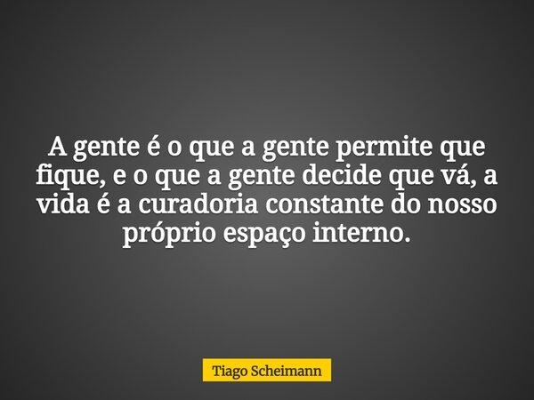 A gente é o que a gente permite que fique, e o que a gente decide que vá, a vida é a curadoria constante do nosso próprio espaço interno.... Frase de Tiago Scheimann.