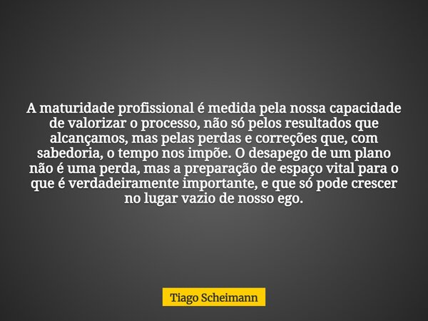 A maturidade profissional é medida pela nossa capacidade de valorizar o processo, não só pelos resultados que alcançamos, mas pelas perdas e correções que, com ... Frase de Tiago Scheimann.