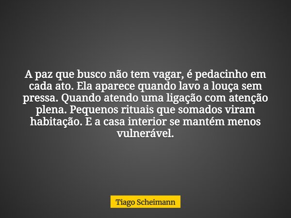 A paz que busco não tem vagar, é pedacinho em cada ato. Ela aparece quando lavo a louça sem pressa. Quando atendo uma ligação com atenção plena. Pequenos rituai... Frase de Tiago Scheimann.