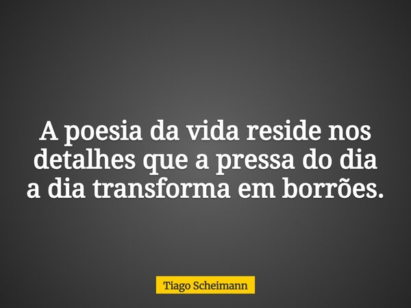 A poesia da vida reside nos detalhes que a pressa do dia a dia transforma em borrões.... Frase de Tiago Scheimann.
