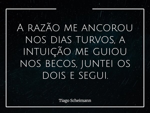 A razão me ancorou nos dias turvos, a intuição me guiou nos becos, juntei os dois e segui.... Frase de Tiago Scheimann.