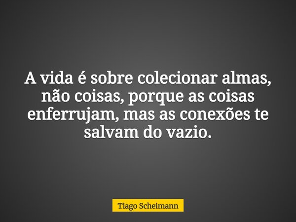 A vida é sobre colecionar almas, não coisas, porque as coisas enferrujam, mas as conexões te salvam do vazio.... Frase de Tiago Scheimann.