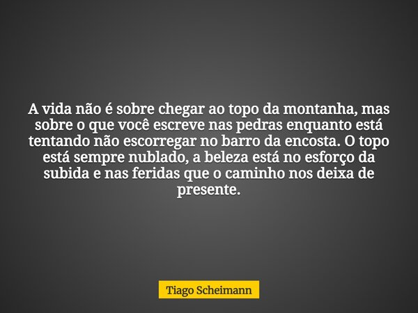 A vida não é sobre chegar ao topo da montanha, mas sobre o que você escreve nas pedras enquanto está tentando não escorregar no barro da encosta. O topo está se... Frase de Tiago Scheimann.