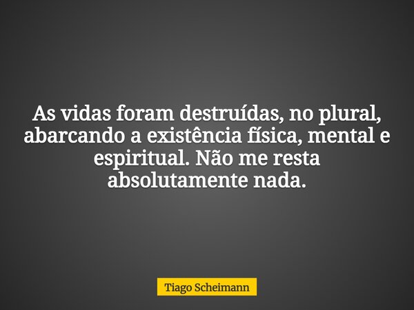 As vidas foram destruídas, no plural, abarcando a existência física, mental e espiritual. Não me resta absolutamente nada.... Frase de Tiago Scheimann.