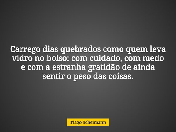 Carrego dias quebrados como quem leva vidro no bolso: com cuidado, com medo e com a estranha gratidão de ainda sentir o peso das coisas.... Frase de Tiago Scheimann.