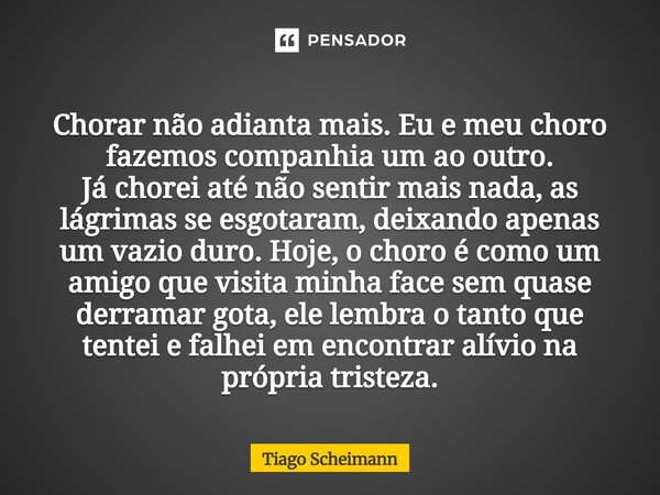 Chorar não adianta mais. Eu e meu choro fazemos companhia um ao outro. Já chorei até não sentir mais nada, as lágrimas se esgotaram, deixando apenas um vazio du... Frase de Tiago Scheimann.