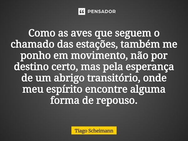 Como as aves que seguem o chamado das estações, também me ponho em movimento, não por destino certo, mas pela esperança de um abrigo transitório, onde meu espí... Frase de Tiago Scheimann.