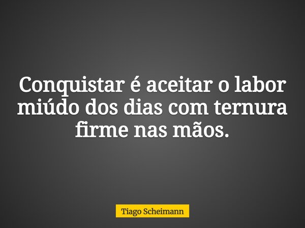 Conquistar é aceitar o labor miúdo dos dias com ternura firme nas mãos.... Frase de Tiago Scheimann.